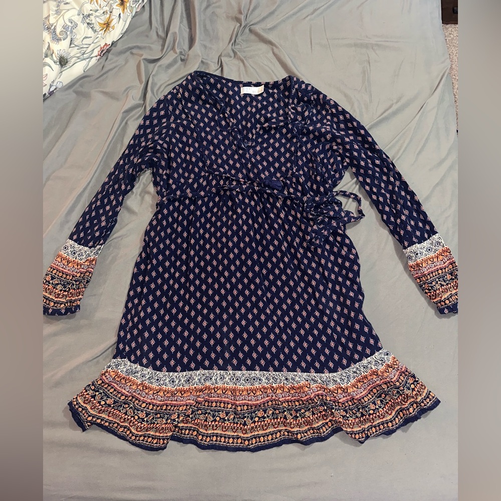 Boho Navy Patterned Long Sleeve Dress